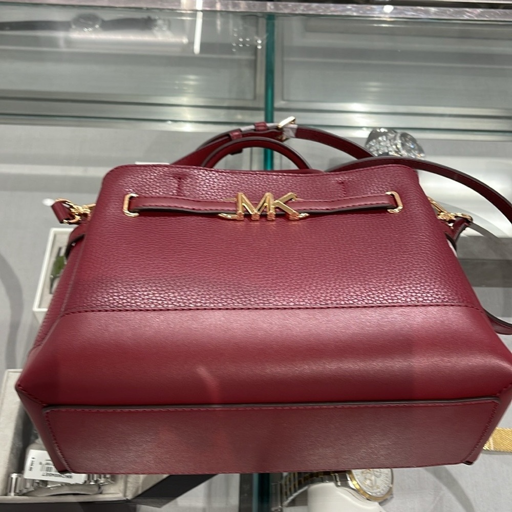 Michael Kors Reed Small Dark Cherry Leather Center Zip Belted Satchel Bag Purse - Picture 10 of 16